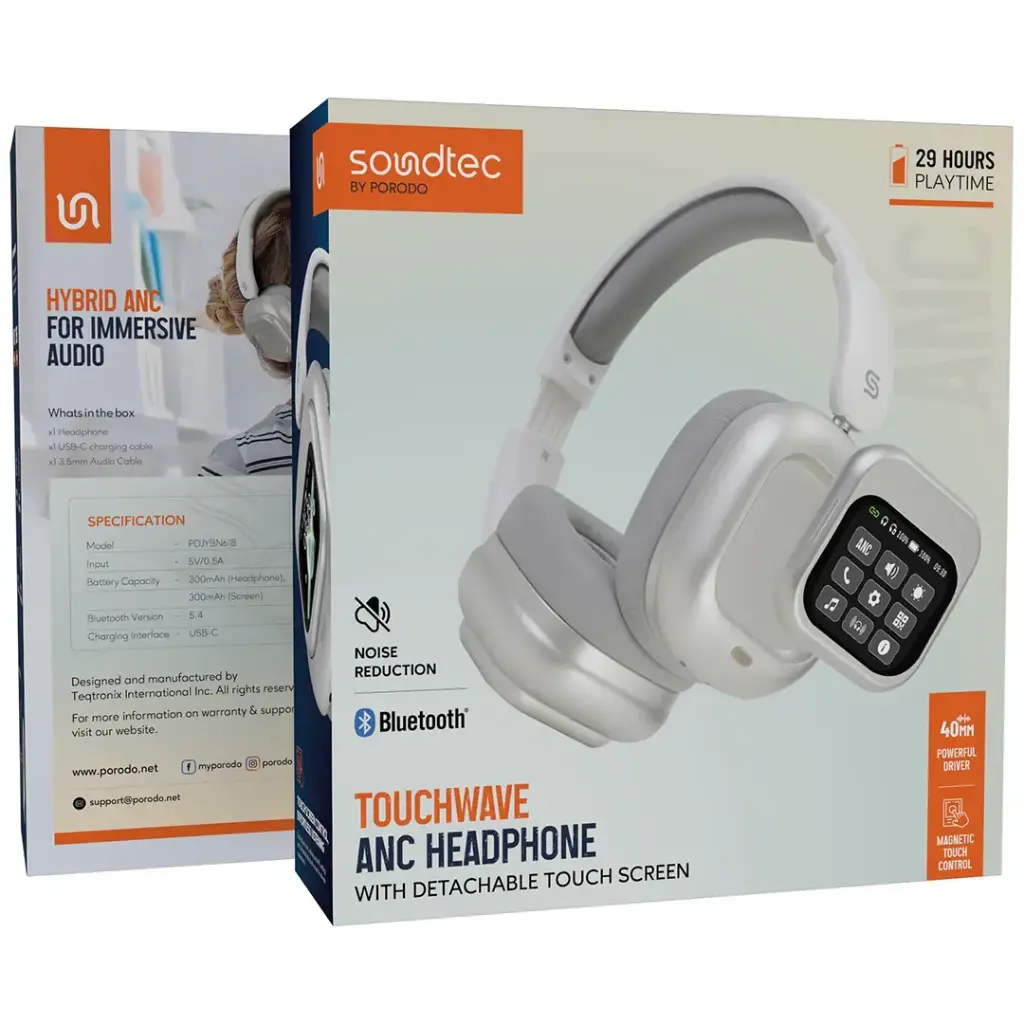 PORODO SOUNDTEC TOUCH WAVE ANC HEADPHONE WITH DETACHABLE TOUCH SCREEN WHITE PDJYBN618WH thumbnail 4