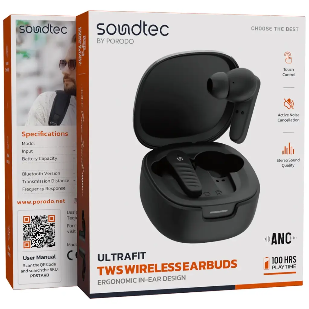 PORODO SOUNDTEC ULTRAFIT TWS WIRELESS EARBUDS ERGONOMIC IN EAR DESIGN BLACK PDSTARBBK thumbnail 5