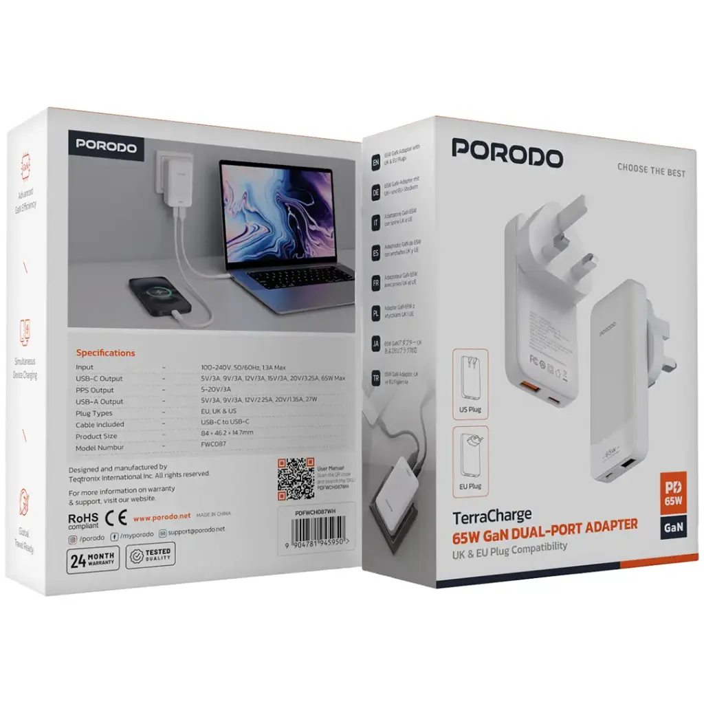 PORODO TERRA CHARGE 65W GAN DUAL PORT ADAPTER WHITE PDFWCH087WH thumbnail 4