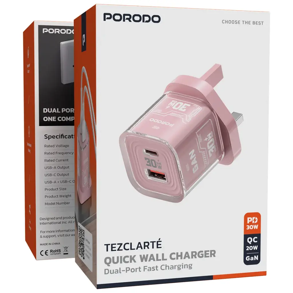 PORODO TEZCLARTE QUICK WALL CHARGER DUAL PORT FAST CHARGING PINK PDFWCH101PK thumbnail 3