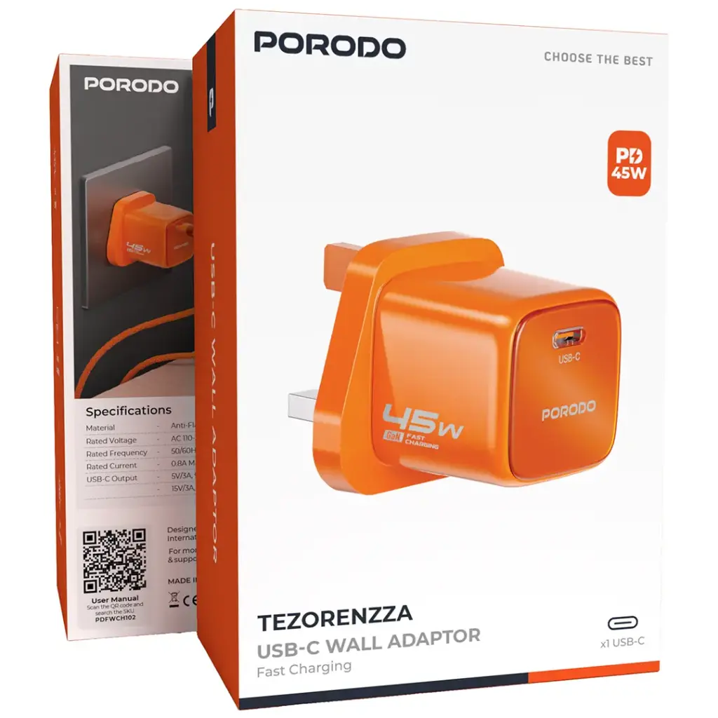 PORODO TEZORENZZA USB C WALL ADAPTOR PD45W ORANGE PDFWCH102OG thumbnail 2