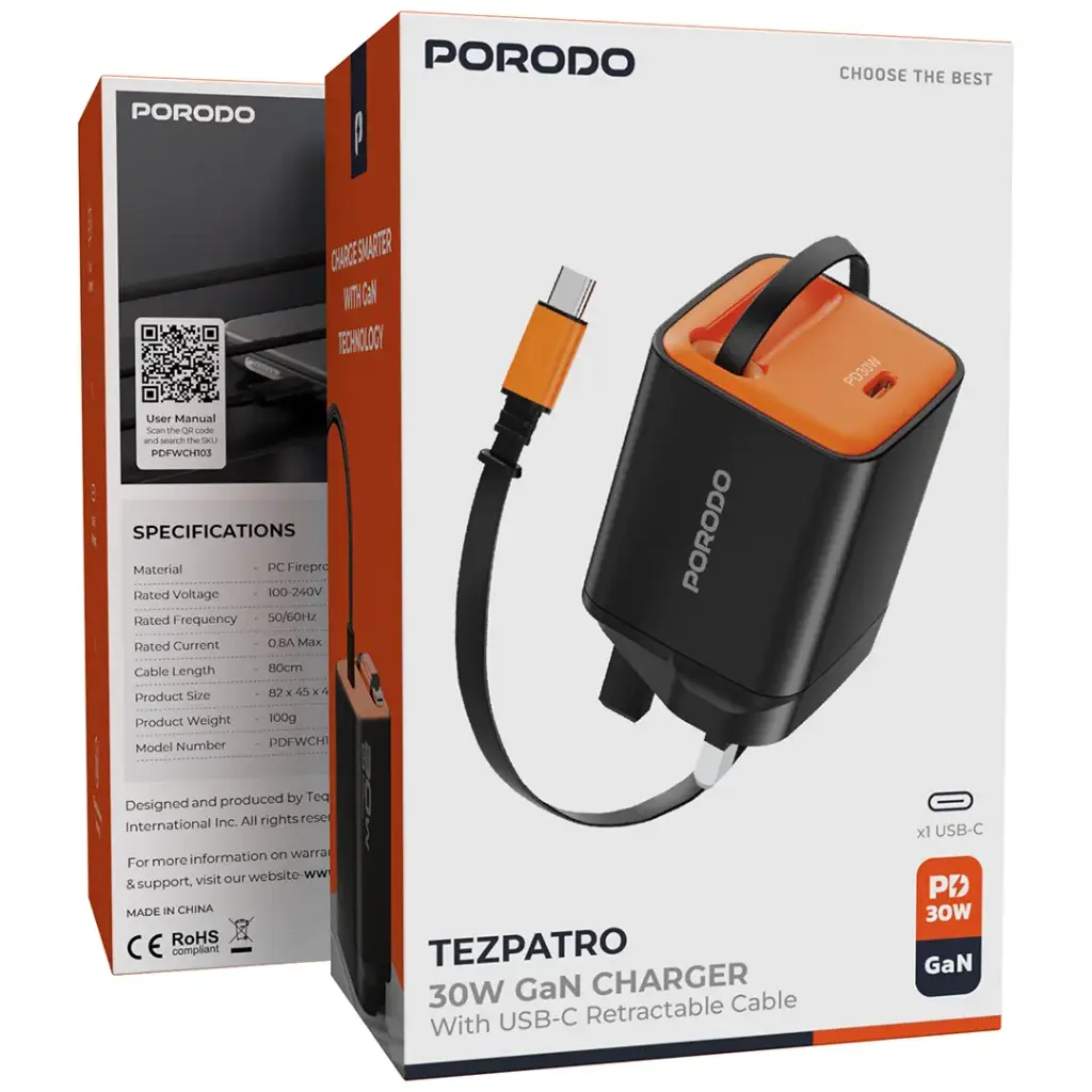 PORODO TEZPATRO 30W GAN CHARGER WITH USB C RETRACTABLE CABLE BLACK PDFWCH103BK thumbnail 2