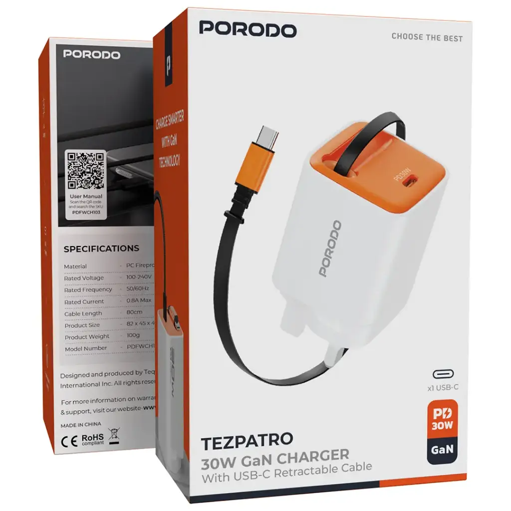 PORODO TEZPATRO 30W GAN CHARGER WITH USB C RETRACTABLE CABLE WHITE PDFWCH103WH thumbnail 2