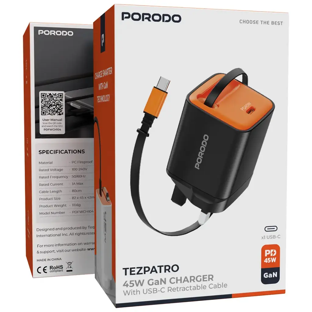 PORODO TEZPATRO 45W GAN CHARGER WITH USB C RETRACTABLE CABLE BLACK PDFWCH104BK thumbnail 2