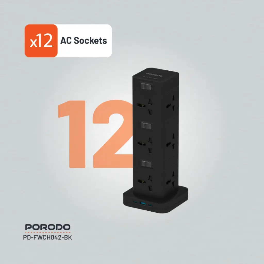PORODO THREE STORY 12 AC POWER HUB USB C PD AND QUICK CHARE 3.0 PD20W BLACK PD-FWCH042-BK thumbnail 7