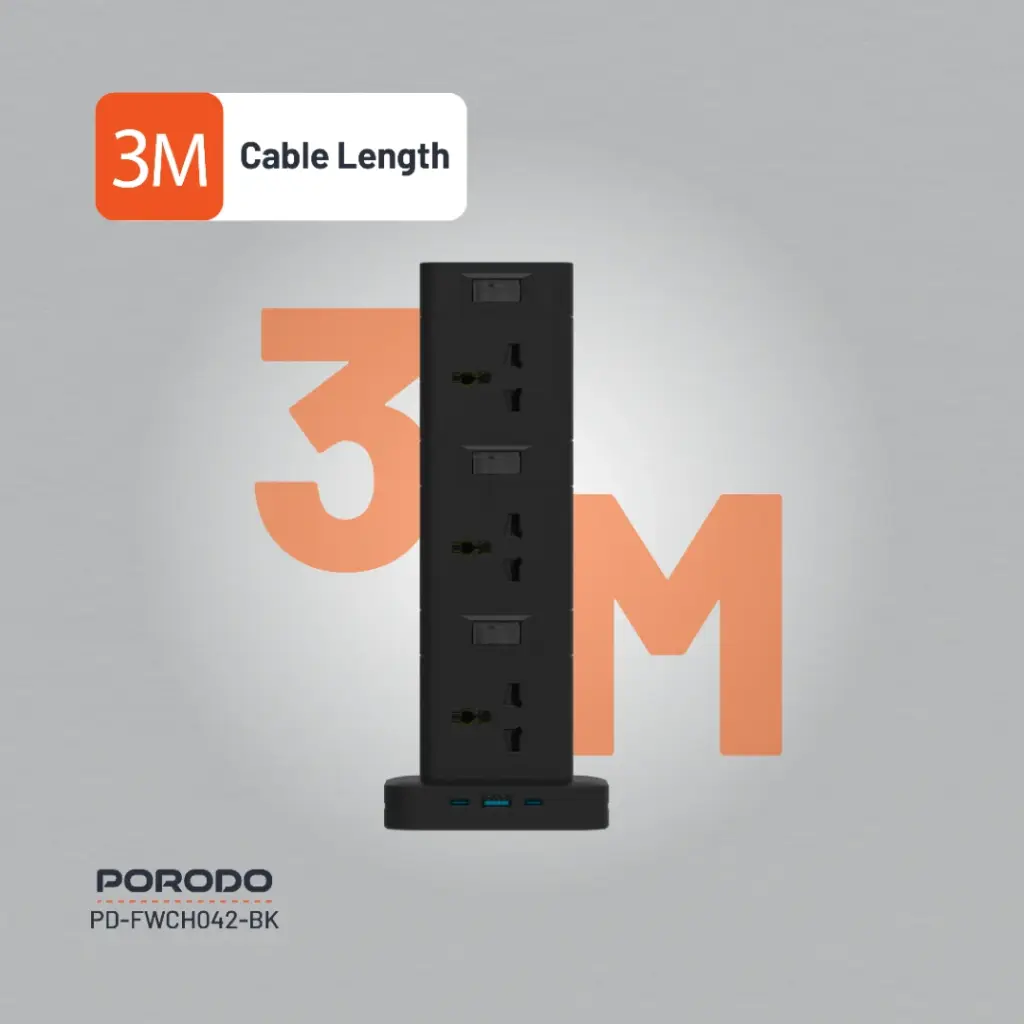 PORODO THREE STORY 12 AC POWER HUB USB C PD AND QUICK CHARE 3.0 PD20W BLACK PD-FWCH042-BK thumbnail 6