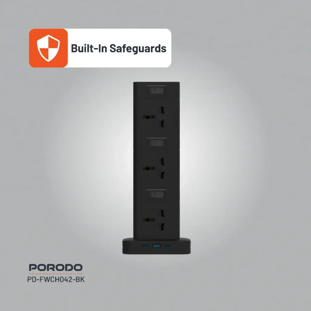 PORODO THREE STORY 12 AC POWER HUB USB C PD AND QUICK CHARE 3.0 PD20W BLACK PD-FWCH042-BK thumbnail 5