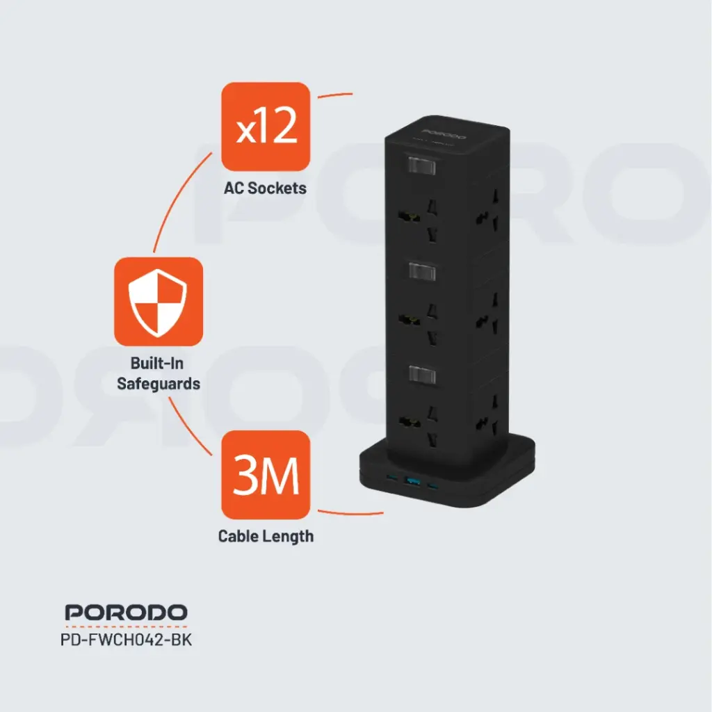PORODO THREE STORY 12 AC POWER HUB USB C PD AND QUICK CHARE 3.0 PD20W BLACK PD-FWCH042-BK thumbnail 4