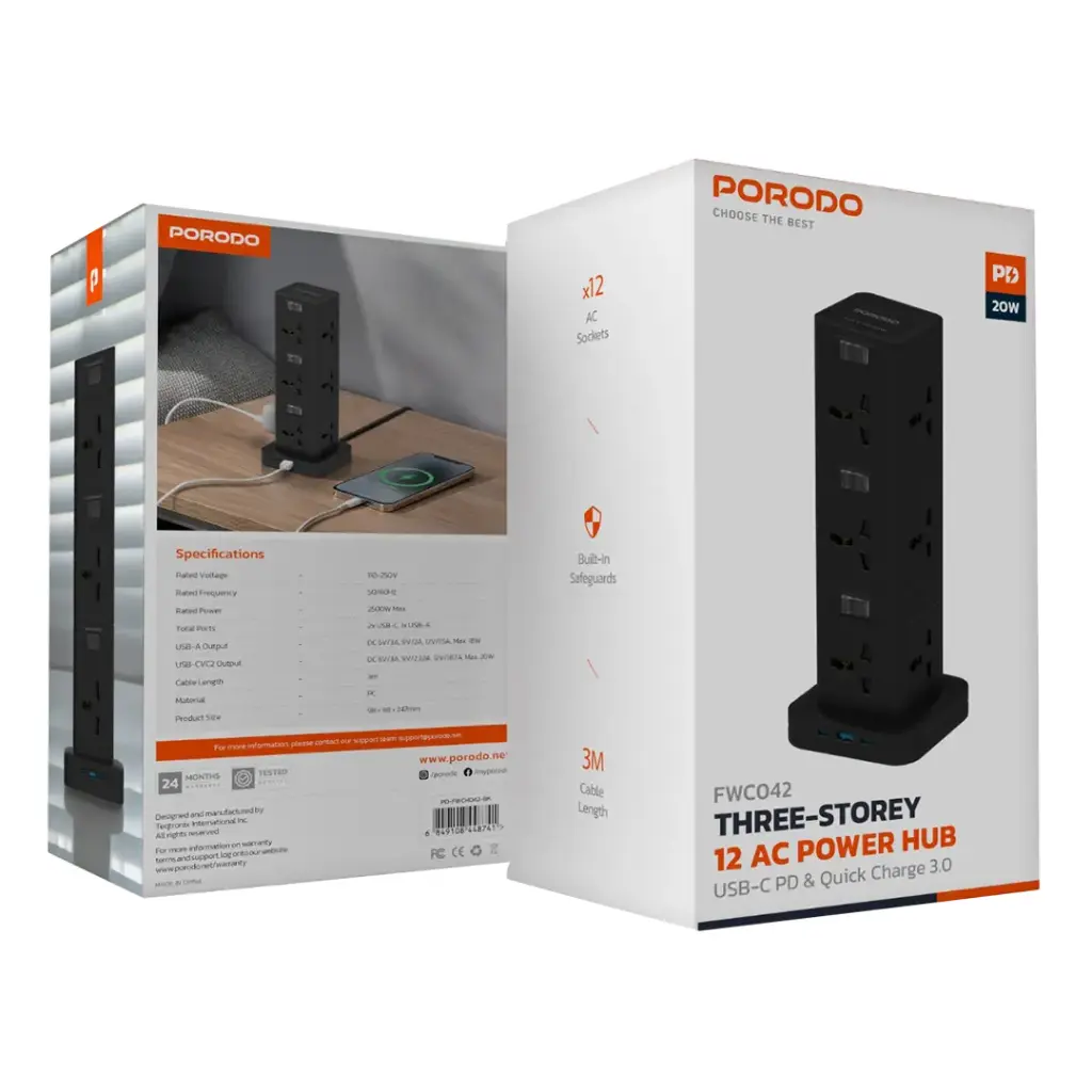 PORODO THREE STORY 12 AC POWER HUB USB C PD AND QUICK CHARE 3.0 PD20W BLACK PD-FWCH042-BK thumbnail 3