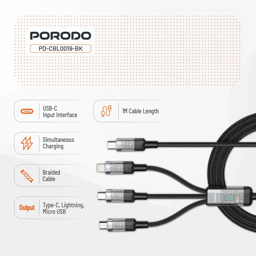 PORODO TRANSPARENT 3 IN 1 TYPE C INPUT FAST CHARGING CABLE 1M BLACK PD-CBL0019-BK thumbnail 7