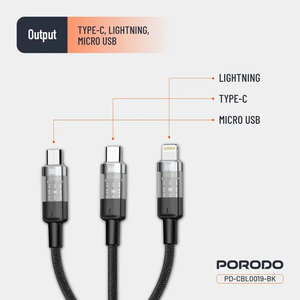 PORODO TRANSPARENT 3 IN 1 TYPE C INPUT FAST CHARGING CABLE 1M BLACK PD-CBL0019-BK thumbnail 6