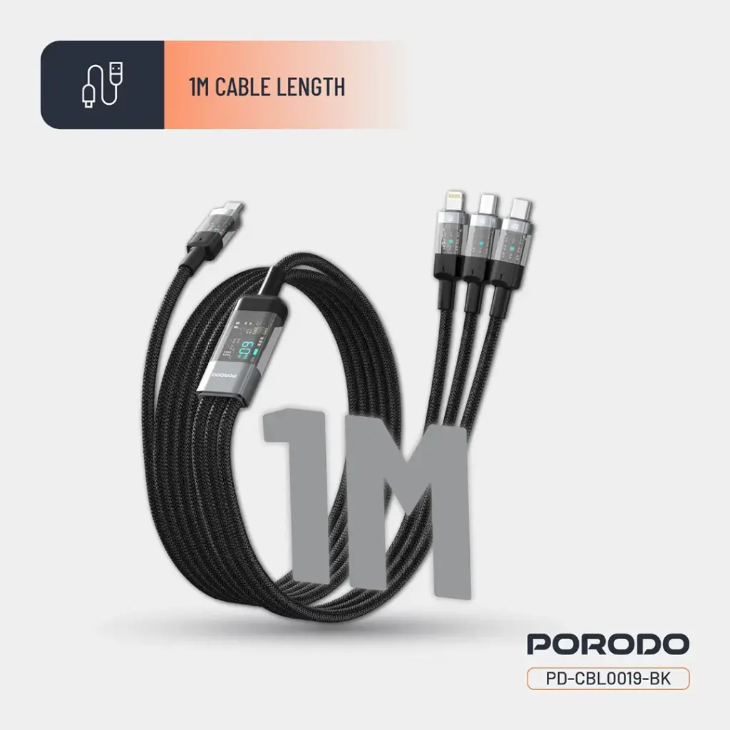 PORODO TRANSPARENT 3 IN 1 TYPE C INPUT FAST CHARGING CABLE 1M BLACK PD-CBL0019-BK thumbnail 5