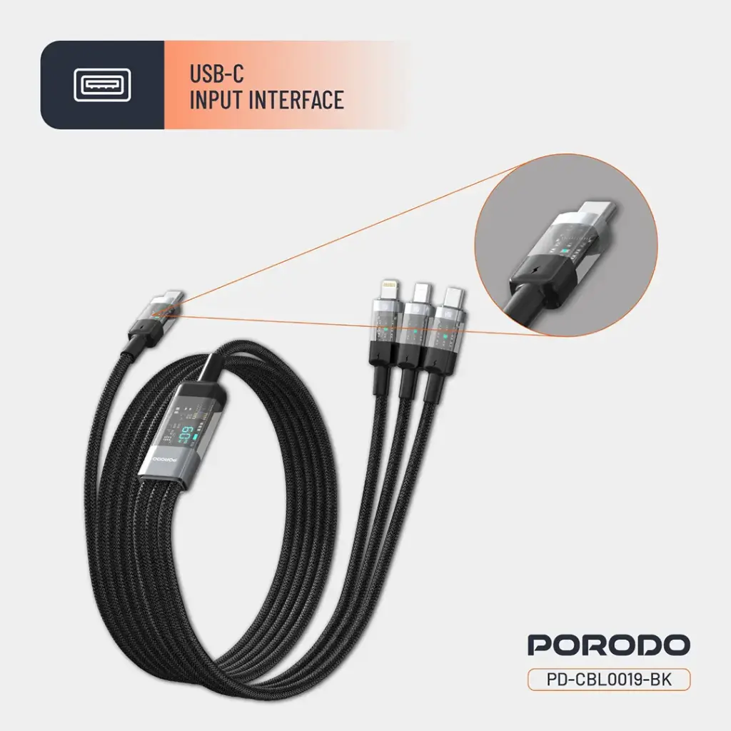 PORODO TRANSPARENT 3 IN 1 TYPE C INPUT FAST CHARGING CABLE 1M BLACK PD-CBL0019-BK thumbnail 4