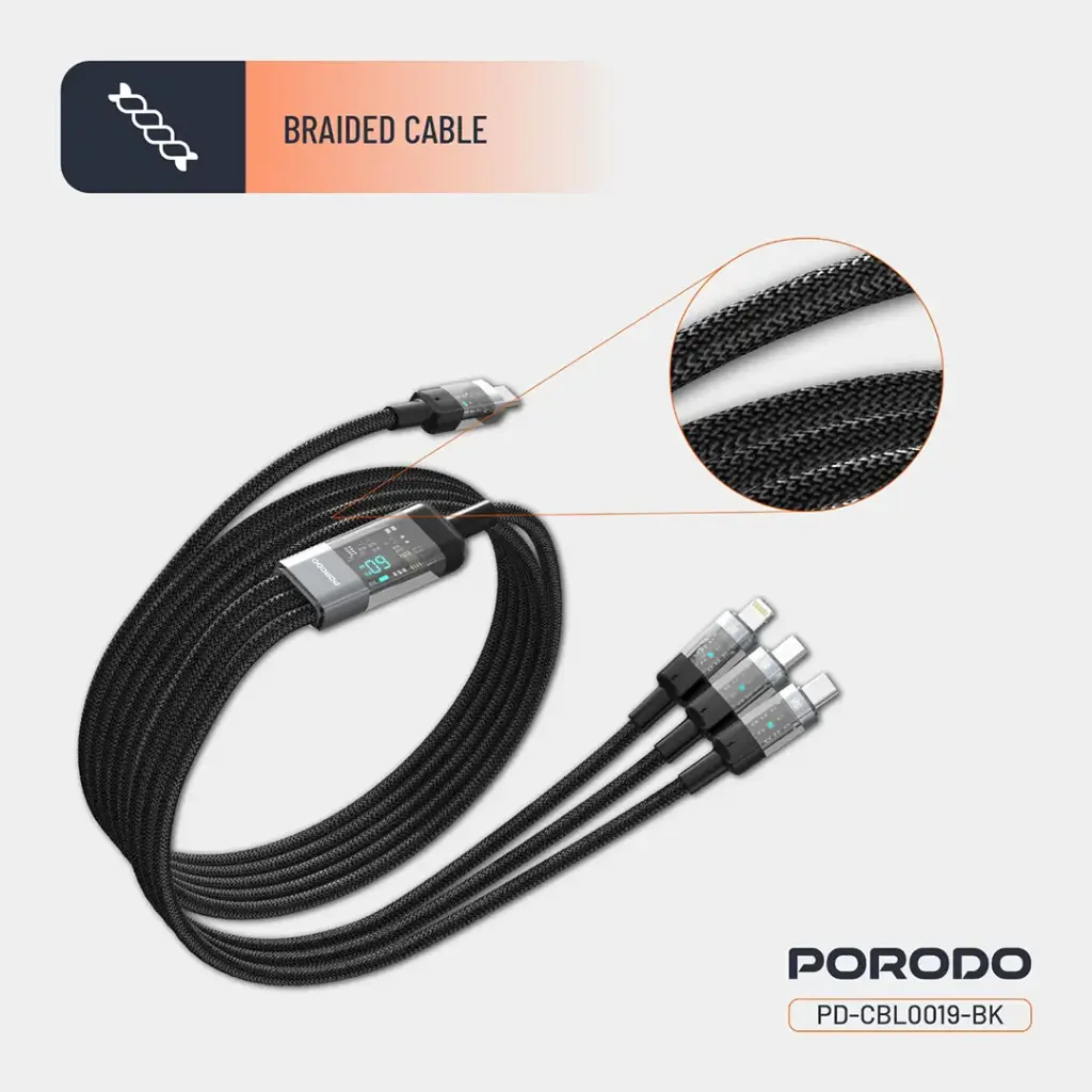 PORODO TRANSPARENT 3 IN 1 TYPE C INPUT FAST CHARGING CABLE 1M BLACK PD-CBL0019-BK thumbnail 3