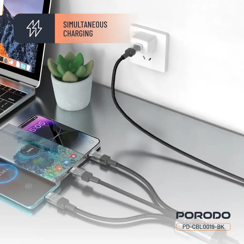 PORODO TRANSPARENT 3 IN 1 TYPE C INPUT FAST CHARGING CABLE 1M BLACK PD-CBL0019-BK thumbnail 2