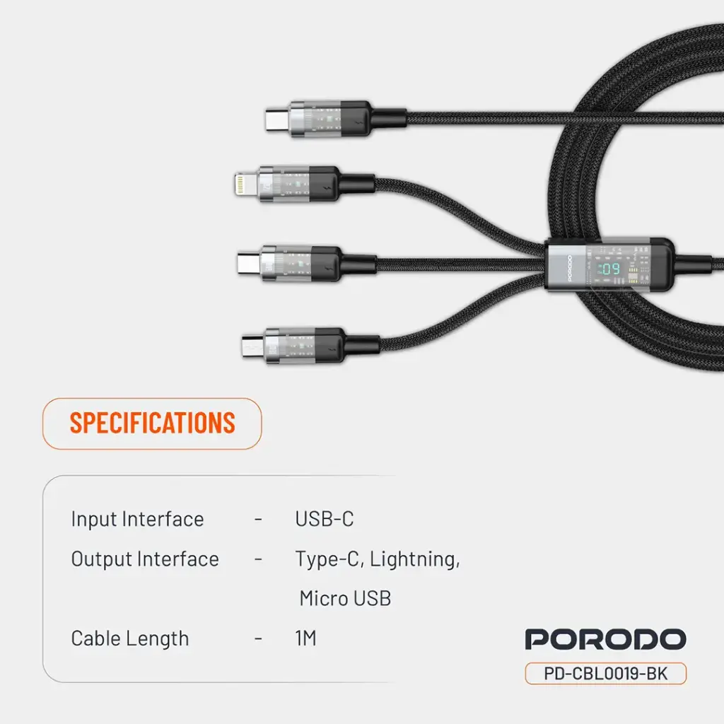PORODO TRANSPARENT 3 IN 1 TYPE C INPUT FAST CHARGING CABLE 1M BLACK PD-CBL0019-BK thumbnail 8