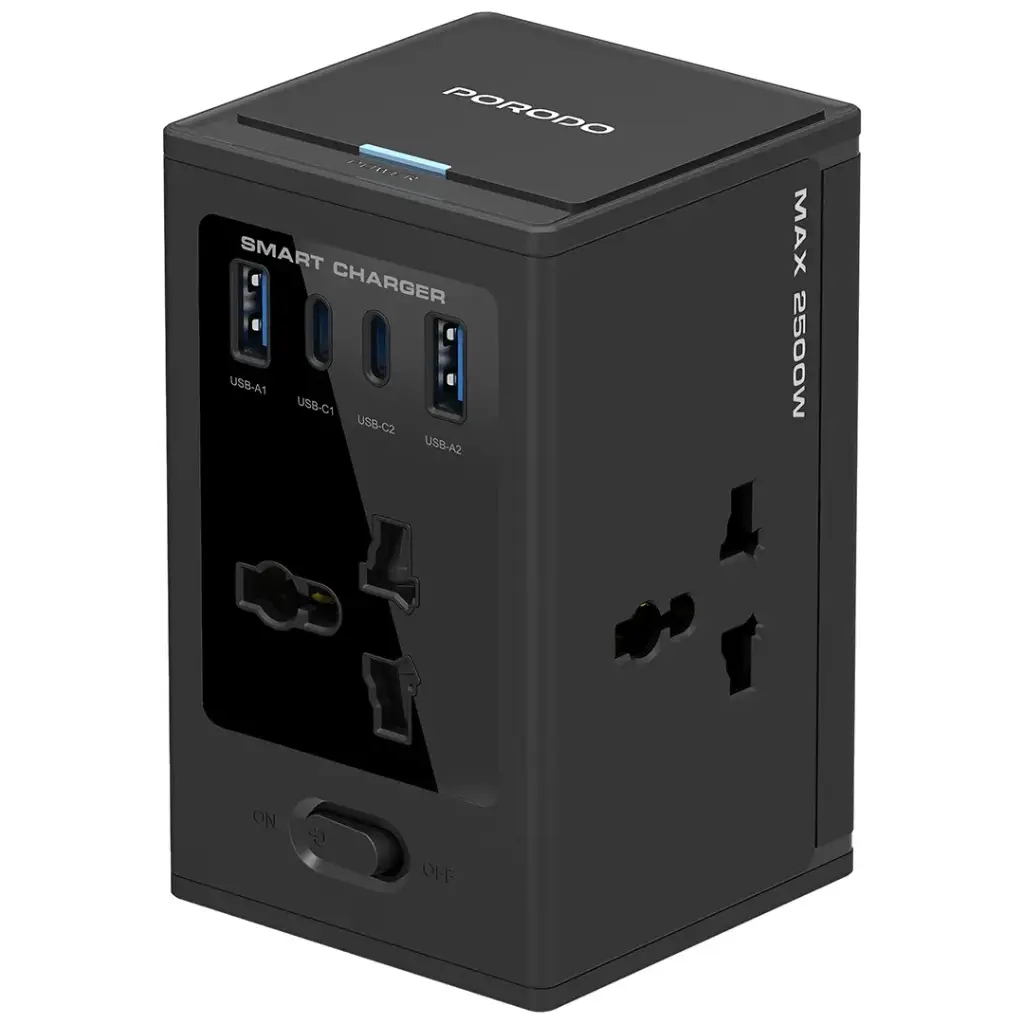 PORODO UNIVERSAL GAN MULTI PORT CUBE ADAPTER WITH 4 AC SOCKETS BLACK PDUNS8430BK thumbnail 2