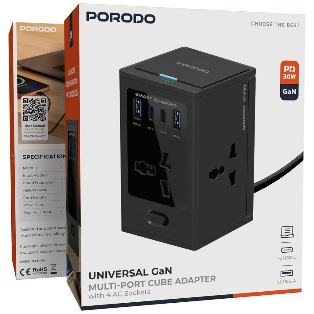 PORODO UNIVERSAL GAN MULTI PORT CUBE ADAPTER WITH 4 AC SOCKETS BLACK PDUNS8430BK thumbnail 4