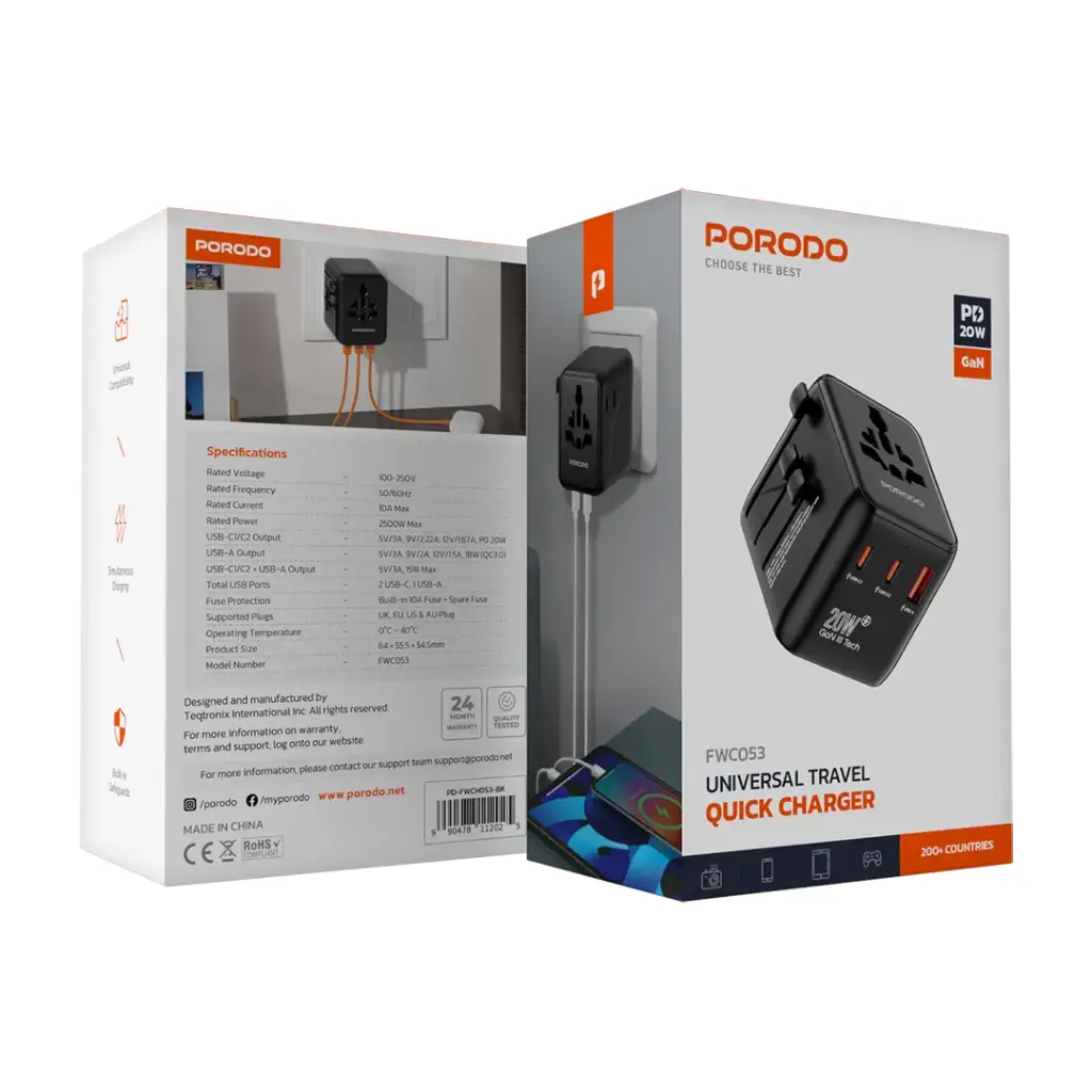 PORODO UNIVERSAL TRAVEL GAN QUICK CHARGER PD20W BLACK PD-FWCH053-BK thumbnail 3
