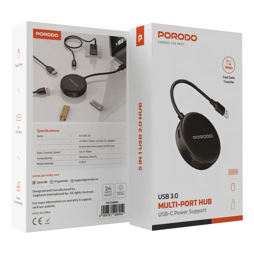 PORODO USB 3.0 MULTI-PORT HUB USB-C POWER SUPORT BLACK PD51CHBBK thumbnail 2