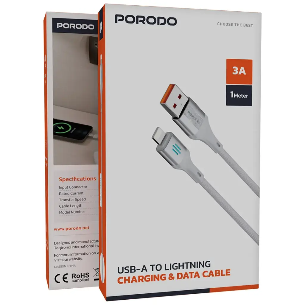 PORODO USB A TO LIGHTNING CHARGING DATA CABLE 1M SILVER PDDC97SL thumbnail 5