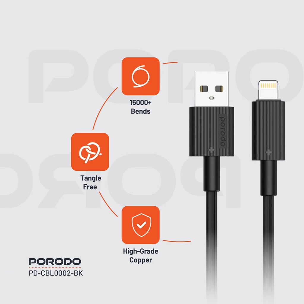 PORODO USB A TO LIGHTNING DURABLE CHARGING CABLE 1.2M BLACK PD-CBL0002-BK thumbnail 3
