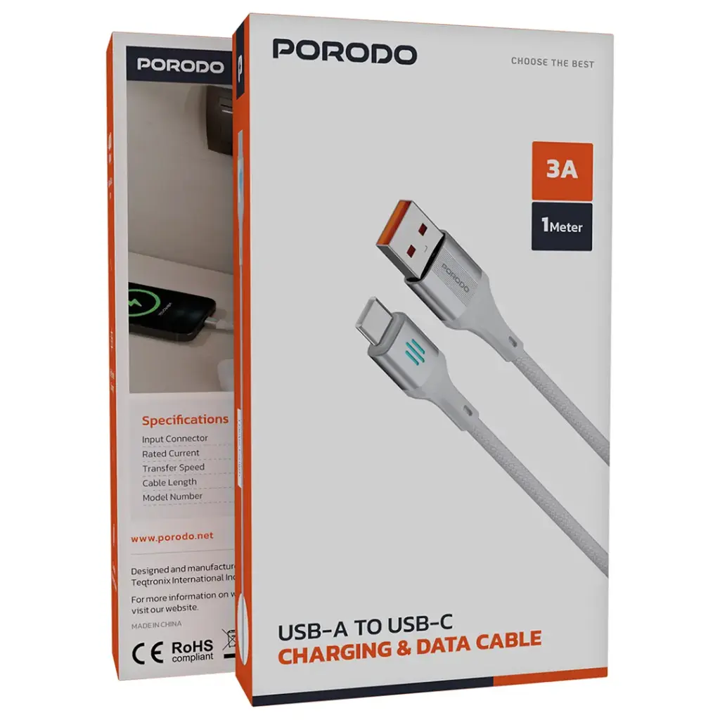 PORODO USB A TO USB C CHARGING DATA CABLE 1M SILVER PDDC96SL thumbnail 3