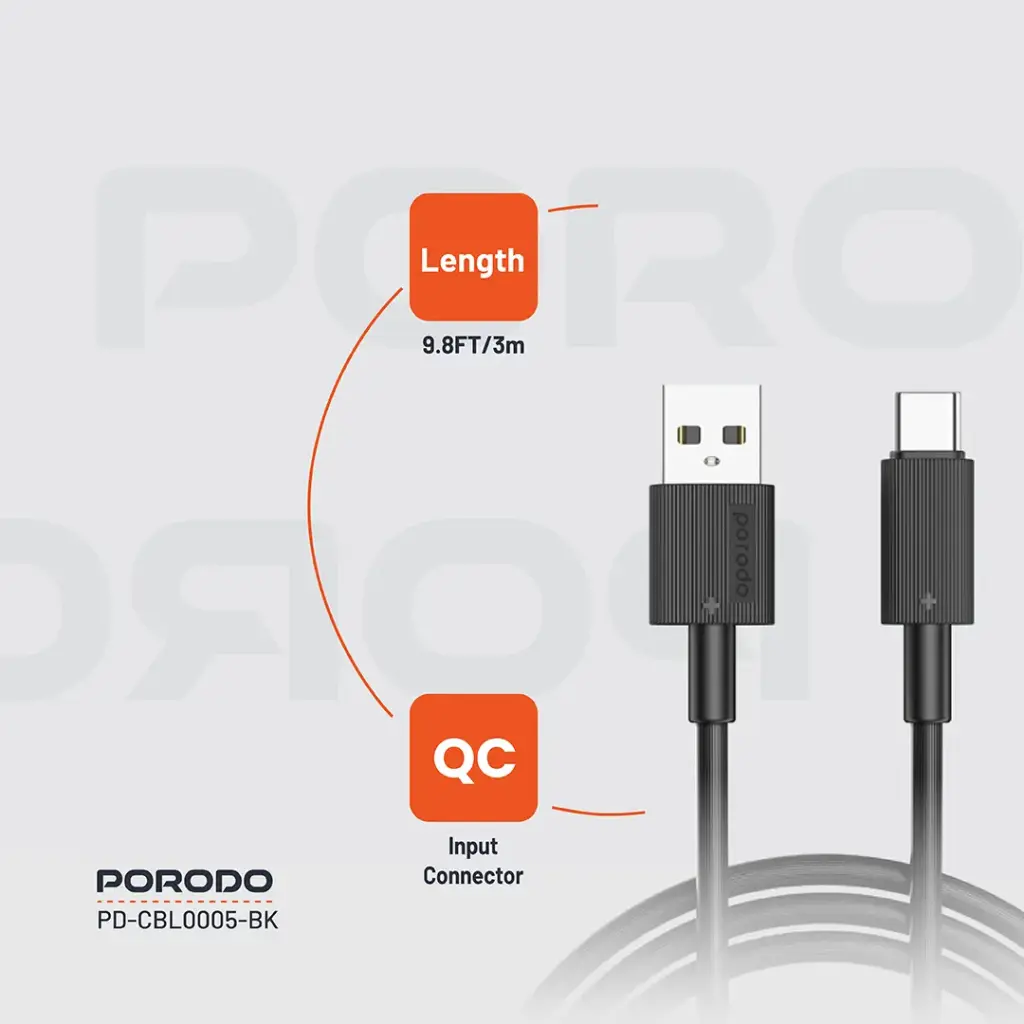 PORODO CHARGE LITE USB-A TO USB-C HIGH-SPEED CHARGING 1M/3.3FT CABLE GRAY PDCBL0043GY thumbnail 7