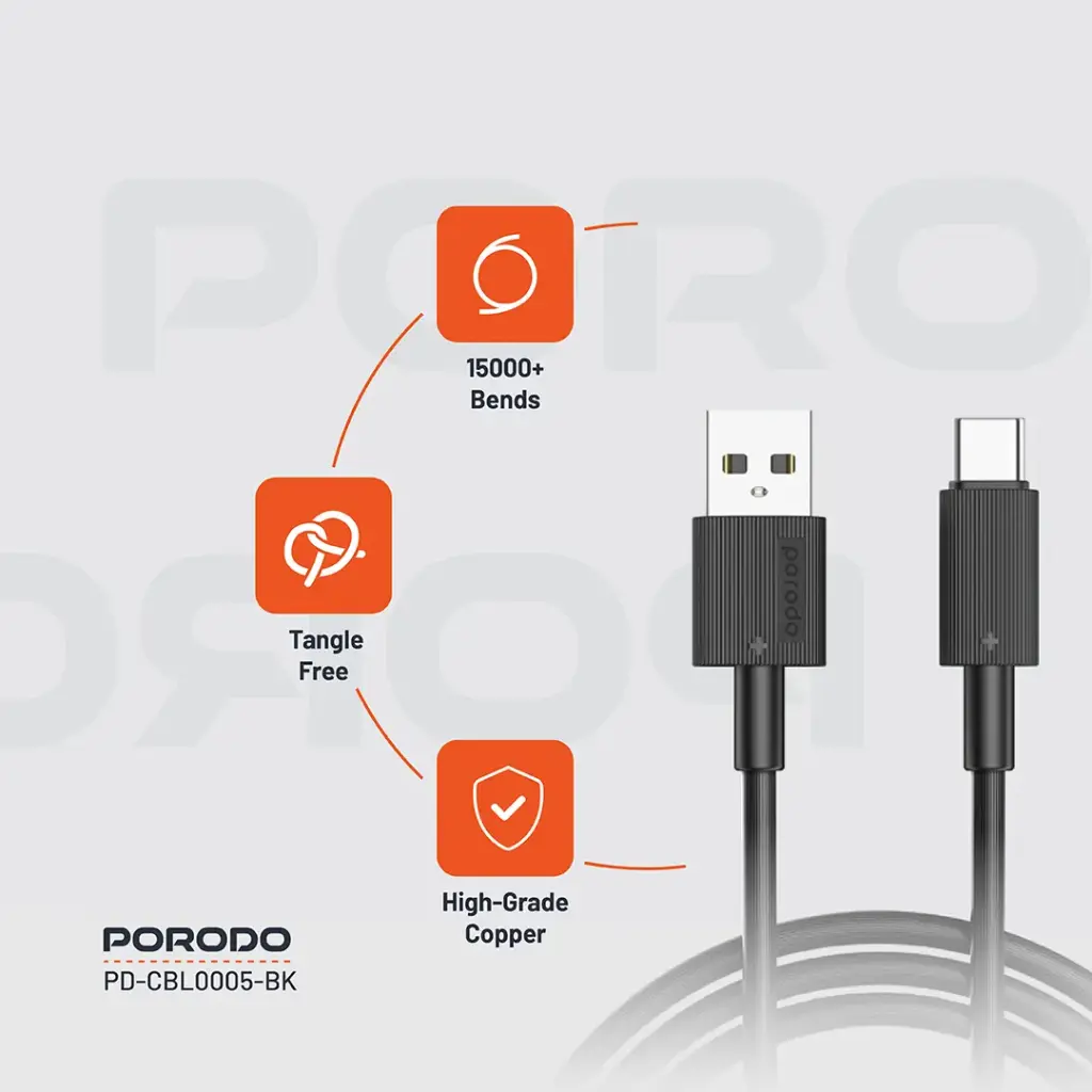 PORODO CHARGE LITE USB-A TO USB-C HIGH-SPEED CHARGING 1M/3.3FT CABLE GRAY PDCBL0043GY thumbnail 3