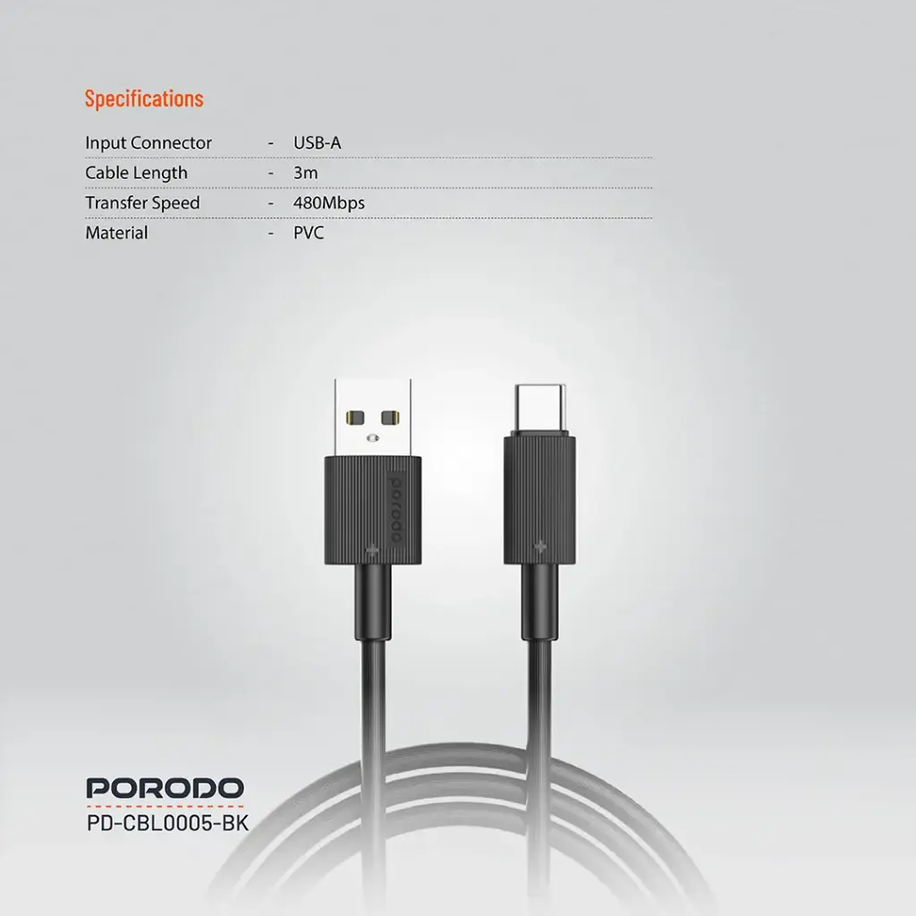 PORODO CHARGE LITE USB-A TO USB-C HIGH-SPEED CHARGING 1M/3.3FT CABLE GRAY PDCBL0043GY thumbnail 2