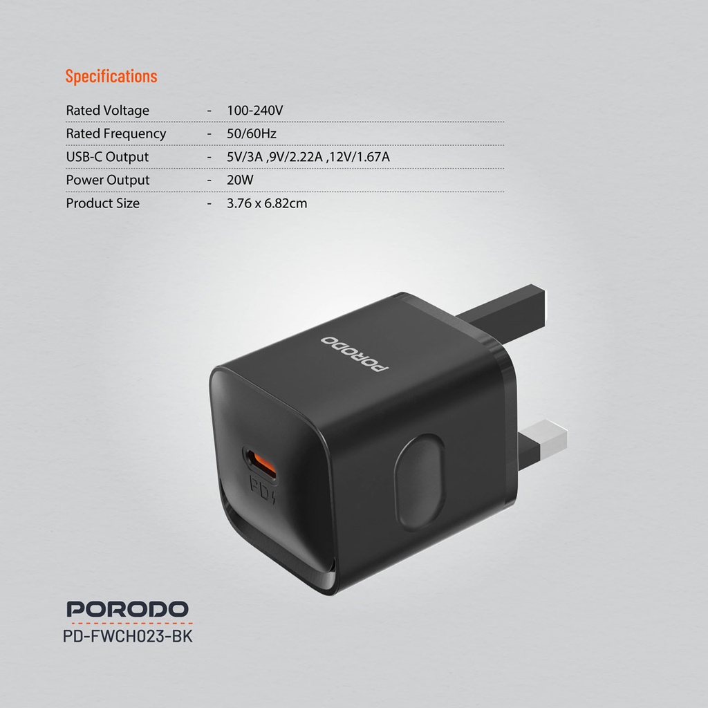 PORODO USB C POWER DELIVERY WALL CHARGER BLACK PD-FWC027-BK thumbnail 2