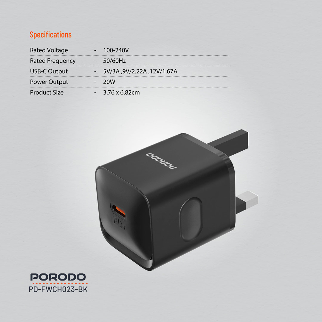 PORODO USB C POWER DELIVERY WALL CHARGER 20W BLACK PD-FWC023-BK thumbnail 10