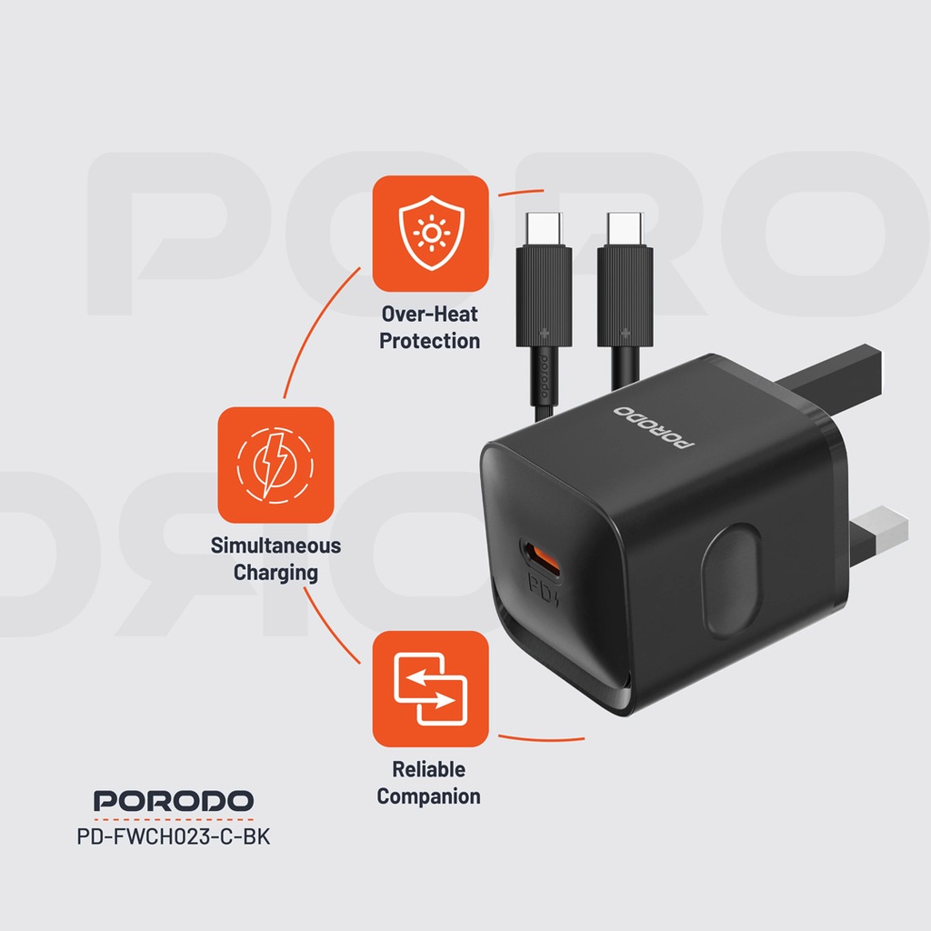 PORODO USB C TO LIGHTNING POWER DELIVERY WALL CHARGER 20W 1.2M BLACK PD-FWC023-L-BK thumbnail 8