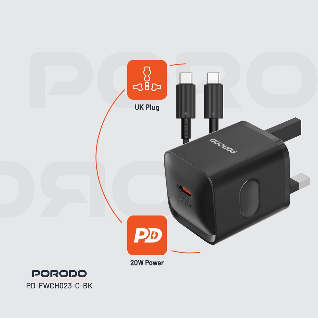 PORODO USB C TO LIGHTNING POWER DELIVERY WALL CHARGER 20W 1.2M BLACK PD-FWC023-L-BK thumbnail 7