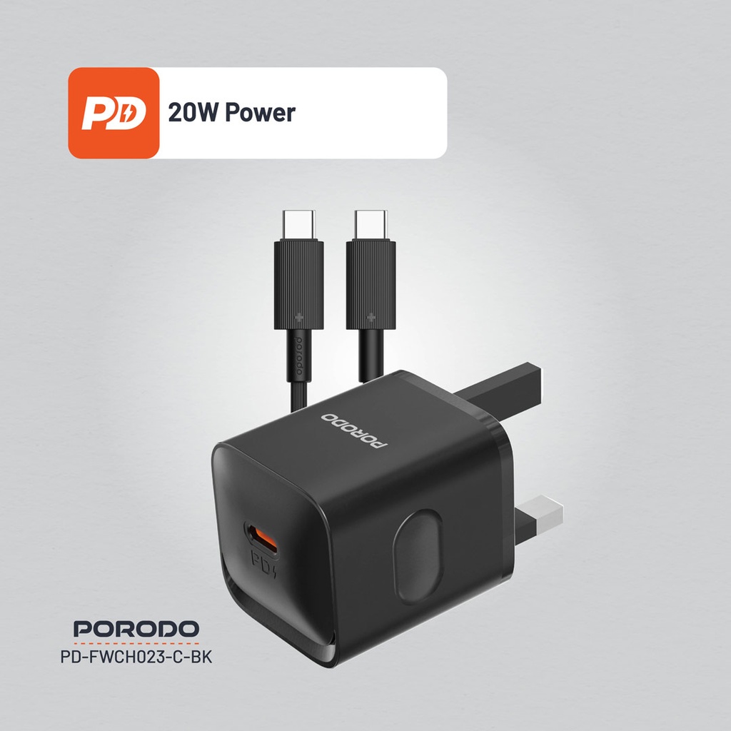 PORODO USB C TO LIGHTNING POWER DELIVERY WALL CHARGER 20W 1.2M BLACK PD-FWC023-L-BK thumbnail 3