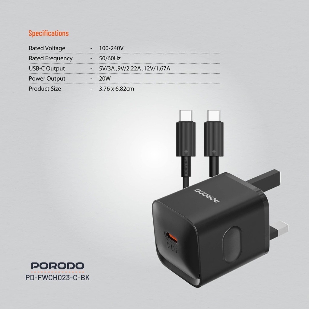 PORODO USB C TO LIGHTNING POWER DELIVERY WALL CHARGER 20W 1.2M BLACK PD-FWC023-L-BK thumbnail 2