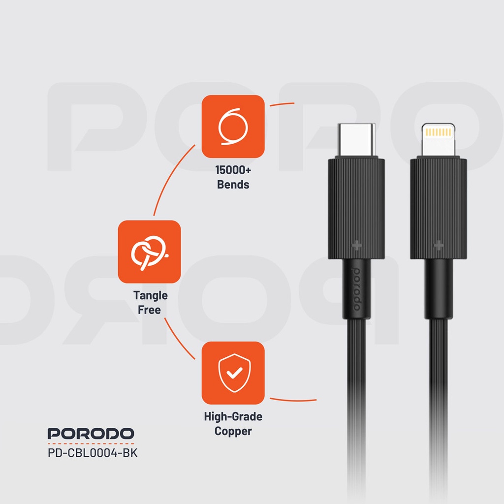 PORODO USB C TO LIGHTNING DURABLE CHARGING CABLE 1.2M BLACK PD-CBL0004-BK thumbnail 3