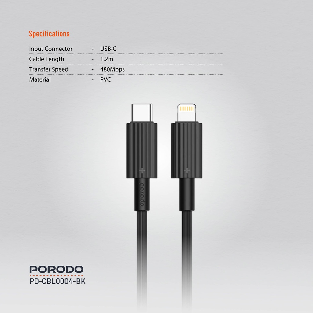 PORODO USB C TO LIGHTNING DURABLE CHARGING CABLE 1.2M BLACK PD-CBL0004-BK thumbnail 2