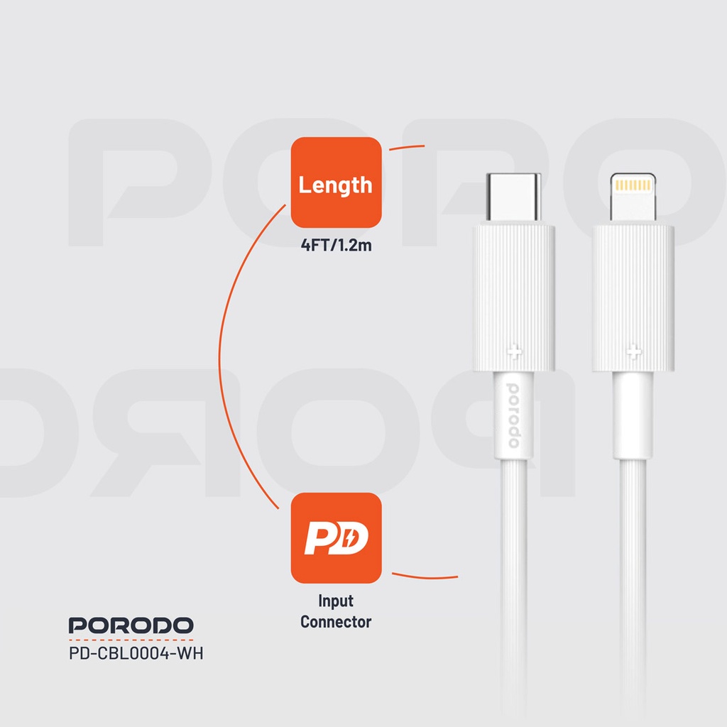 PORODO USB C TO LIGHTNING DURABLE CHARGING CABLE 1.2M WHITE PD-CBL0004-WH thumbnail 7