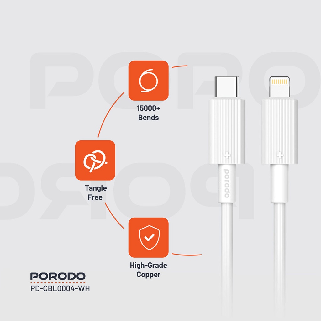 PORODO USB C TO LIGHTNING DURABLE CHARGING CABLE 1.2M WHITE PD-CBL0004-WH thumbnail 3