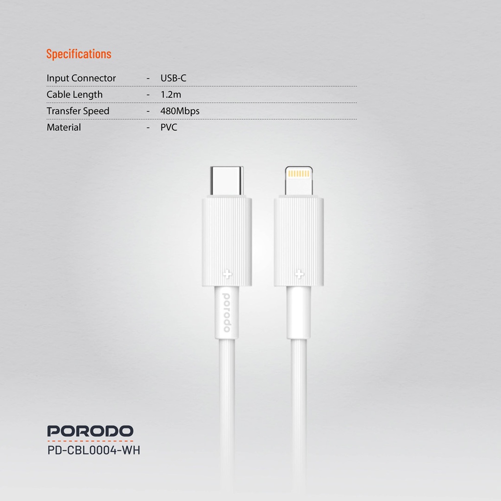 PORODO USB C TO LIGHTNING DURABLE CHARGING CABLE 1.2M WHITE PD-CBL0004-WH thumbnail 2