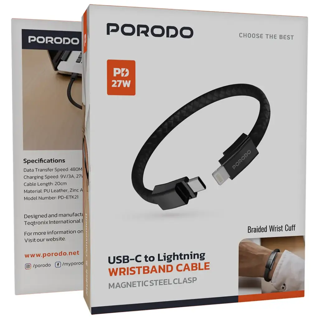 PORODO PD27W USB C TO LIGHTNING WRISTBAND MAGNETIC STEEL CLASP CABLE BLACK PDETK21BK thumbnail 3