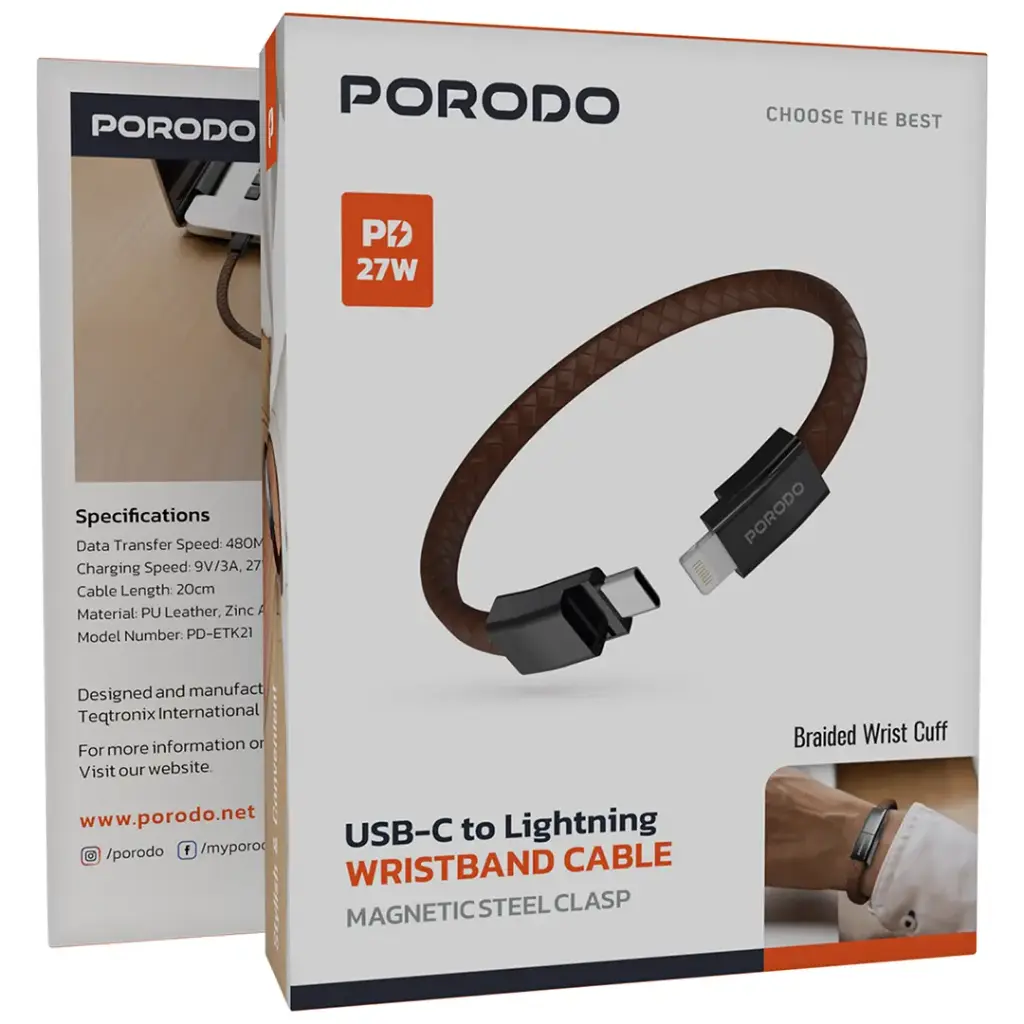 PORODO PD27W USB C TO LIGHTNING WRISTBAND MAGNETIC STEEL CLASP CABLE BROWN PDETK21BR thumbnail 3