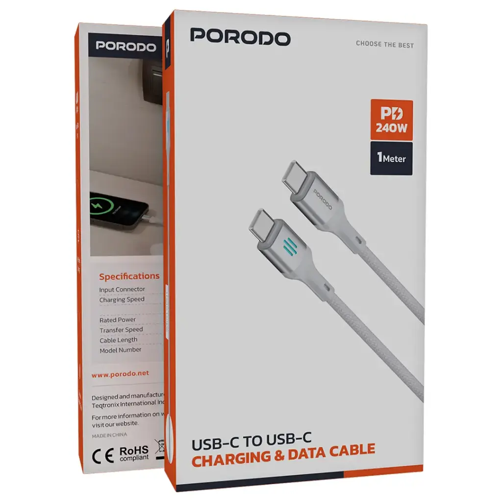 PORODO USB C TO USB C PD240W CHARGING DATA CABLE 1M SILVER PDDC240SL thumbnail 3