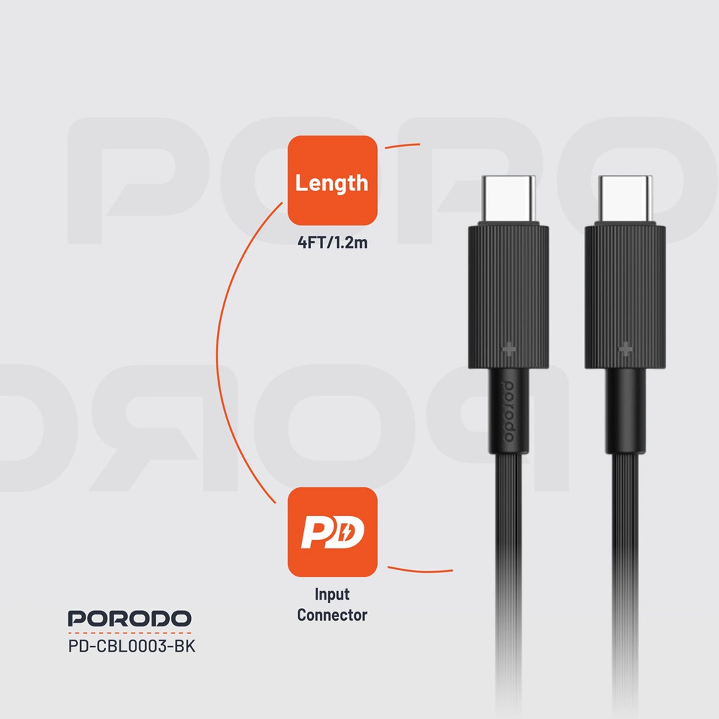 PORODO USB-C TO USB-C DURABLE CHARGING CABLE PD60W BLACK PDCBL0003BK thumbnail 8