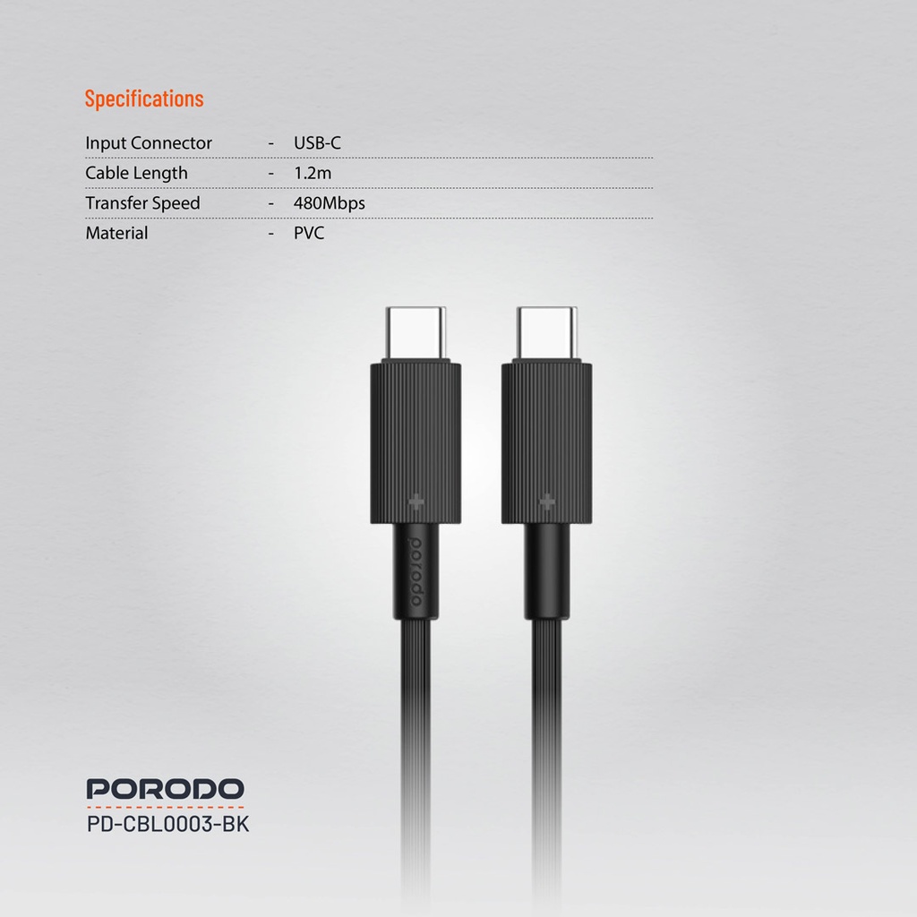 PORODO USB-C TO USB-C DURABLE CHARGING CABLE PD60W BLACK PDCBL0003BK thumbnail 3