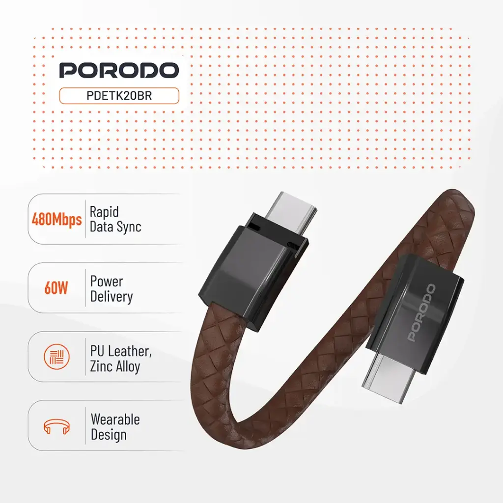PORODO PD60W USB C TO USB C WRISTBAND MAGNETIC STEEL CLASP CABLE BROWN PDETK20BR thumbnail 4
