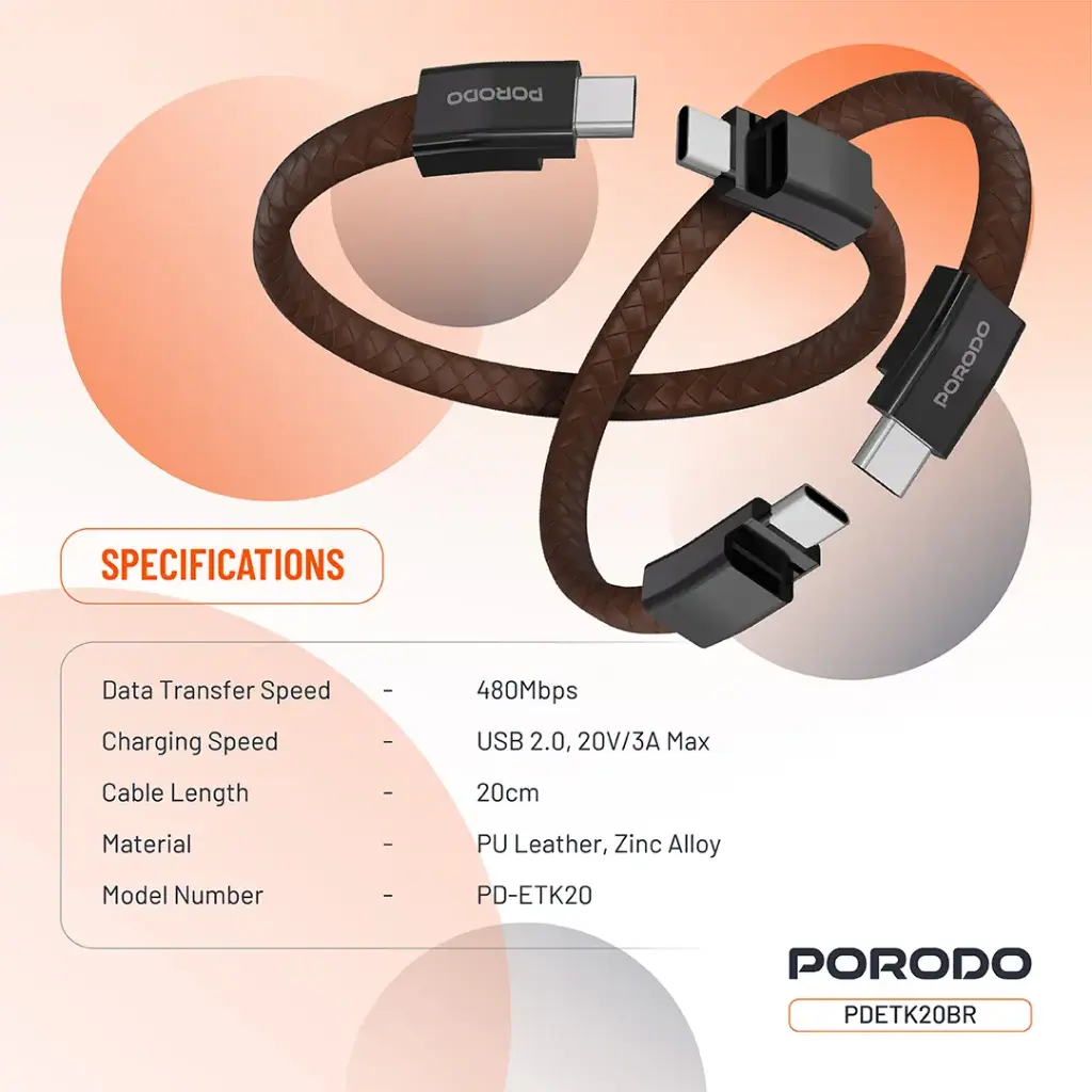 PORODO PD60W USB C TO USB C WRISTBAND MAGNETIC STEEL CLASP CABLE BROWN PDETK20BR thumbnail 3