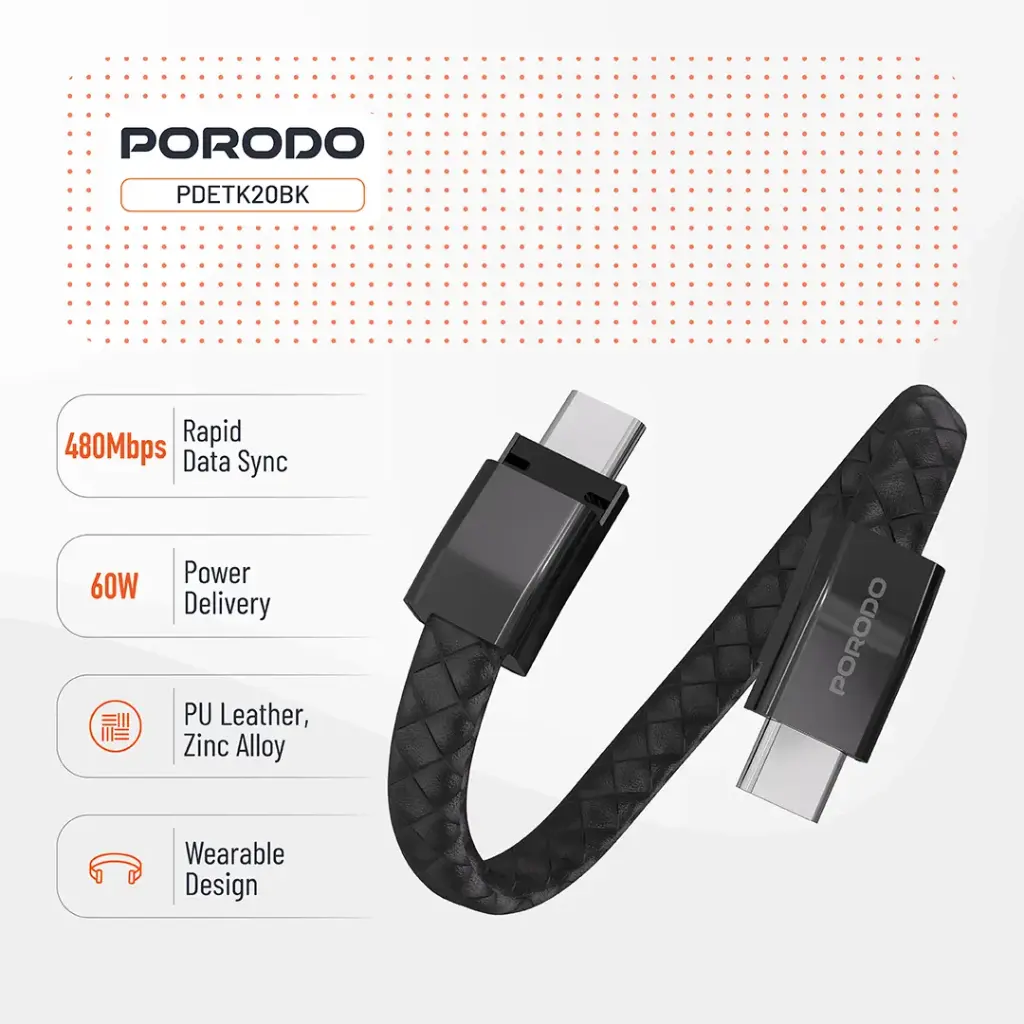 PORODO PD60W USB C TO USB C WRISTBAND MAGNETIC STEEL CLASP CABLE BLACK PDETK20BK thumbnail 4