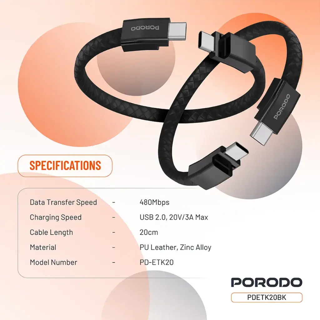 PORODO PD60W USB C TO USB C WRISTBAND MAGNETIC STEEL CLASP CABLE BLACK PDETK20BK thumbnail 3